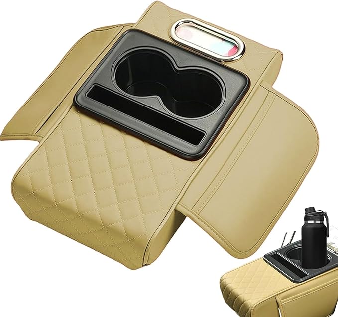 Car Center Console Cover for Hyundai Tucson 2021-2024, Leather Armrest Cushion Protector Pad with Tissue Box Holder Storage Pockets Cup Holder Phone Slot, E/Beige