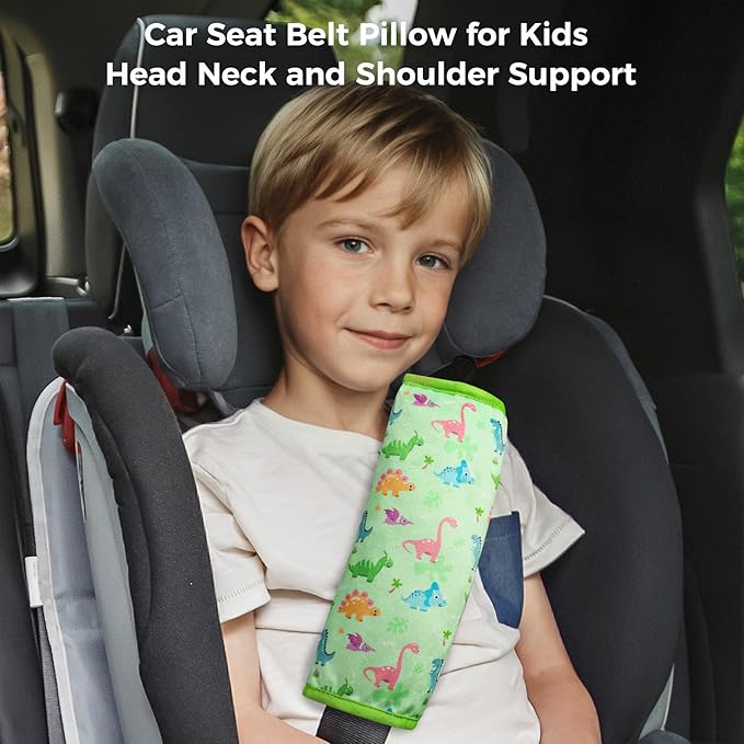 COOLBEBE Seat Belt Pillow for Kids, Extra Soft Toddler Travel Pillow for Car Seat, Universal Carseat Strap Cushion Pads for Childs Baby People Adults, Green Dinosaurs