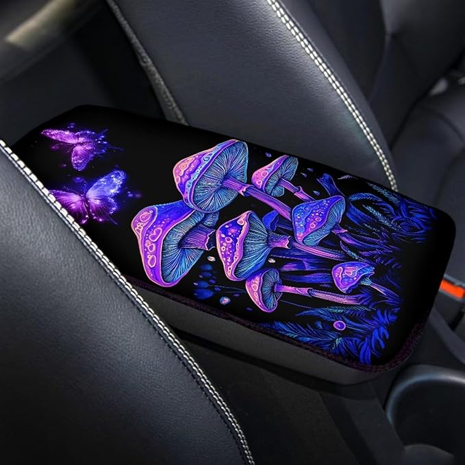 UNICEU Hippie Butterfly Mushroom Car Armrest Cushion Pad Mushroom Car Accessory for Women Men,Comfortable Armrest Seat Box Cover Protector Fit Most Cars Vehicles SUVs