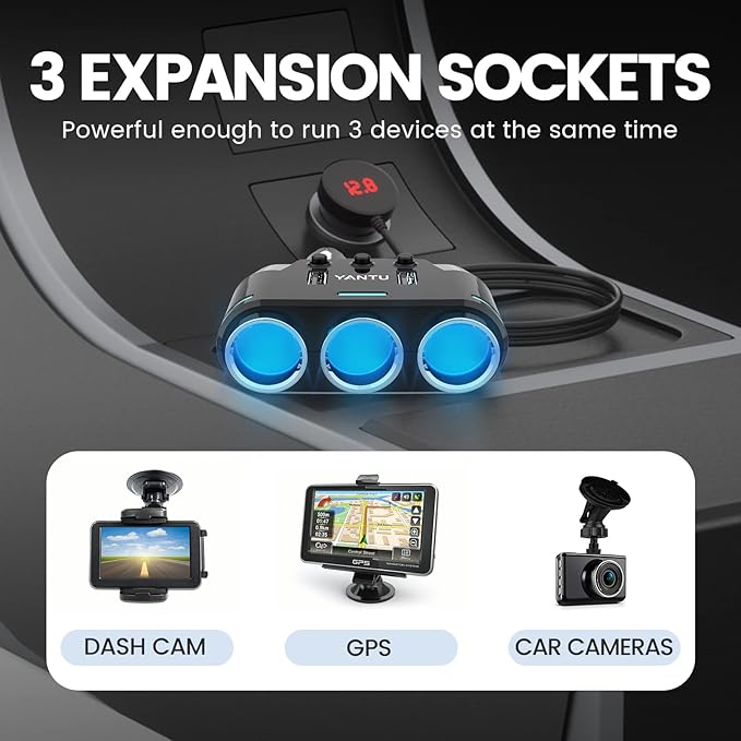 YANTU Cigarette Lighter Adapter & Splitter with 150W 3-Sockets & LED Ambient Lighting, Dual USB Fast Charging Car Outlet 12V, Car Cigarette Lighter Socket Plug Extension for Vehicles