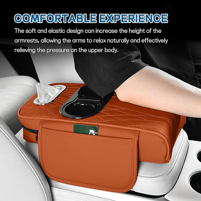 wuyaoyao Car Center Console Armrest Pillow, 13.78"×7.48"×2.56" Leather Arm Rest Cover for Cars, Memory Foam Auto Armrest Cushion Pad with Pocket, Cup Holder & Tissue Box, Car Accessories (Orange)