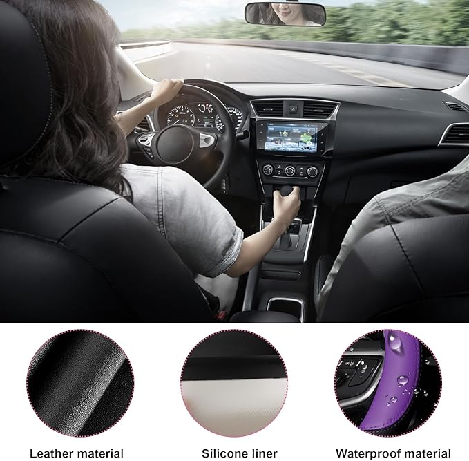 Car Steering Wheel Cover, Universal 15" Anti-Slip Auto Steering Wheel Protector for Men Women, Breathable Odor Free Leather Steering Wheel Car Accessories Fit Most Vehicles (Purple)