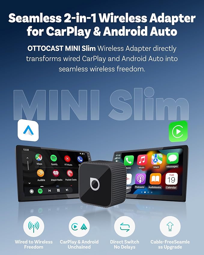 OTTOCAST Mini Slim, 2026 Upgrade 2in1 Wireless CarPlay & Android Auto Adapter, Plug & Play, WLAN Dual-Band 2.4G+5G, Auto Reconnect, Compatible with After 2016 Cars with Wired CarPlay/AA (USB Type-C)