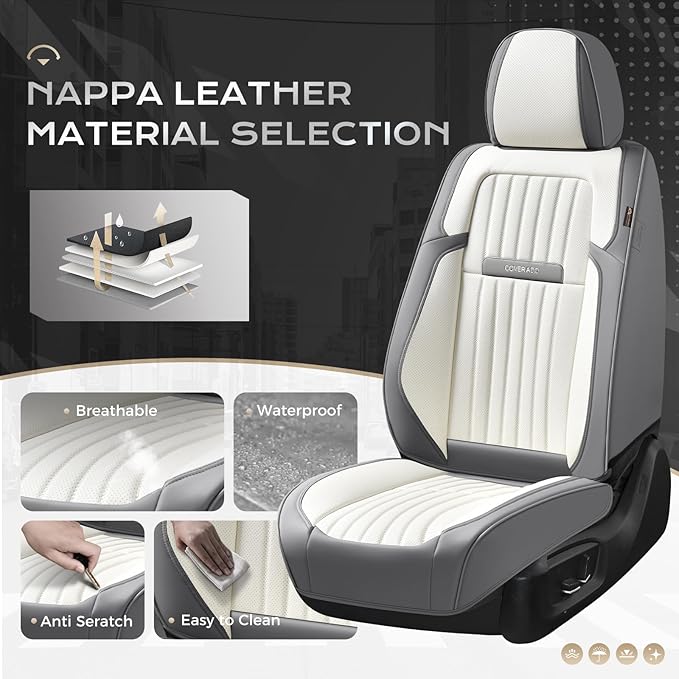 Coverado Car Seat Covers Full Set, Seat Covers for Cars, Car Seat Cover, Car Seat Protector, Leather Car Seat Cushion, Waterproof Car Seat Covers Front Seats and Back Fit for Most Cars(Gray&White)