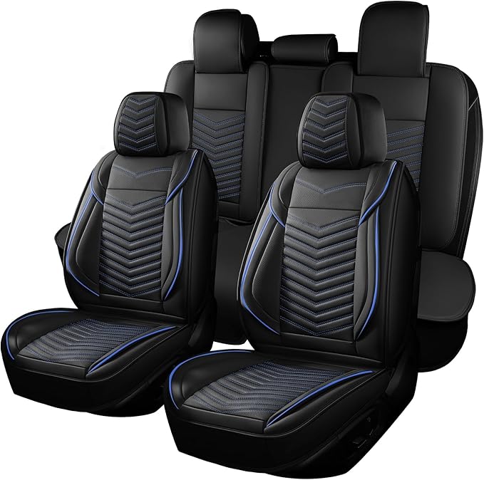Car Seat Covers, Breathable and Waterproof Faux Leather Automotive Seat Covers, Universal Anti-Slip Driver Seat Cover for Cars SUV Pick-up Truck Sedan(5 PCS Full Set, Black + Blue)