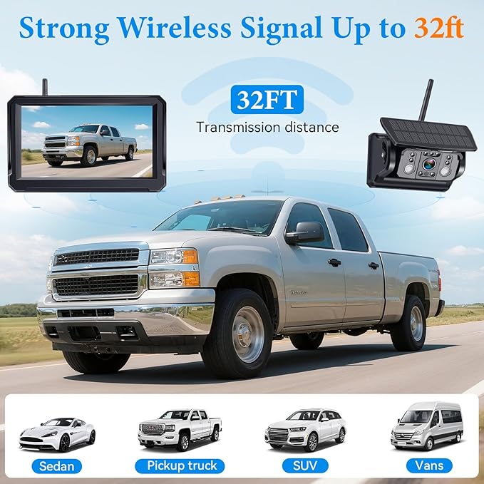 Wireless Backup Camera Solar for Truck: Magnetic Easy Install No Wiring Trailer Hitch Camera for Pickup Trucks - HD 1080P 5 Inch Split-Screen, IR Night Vision