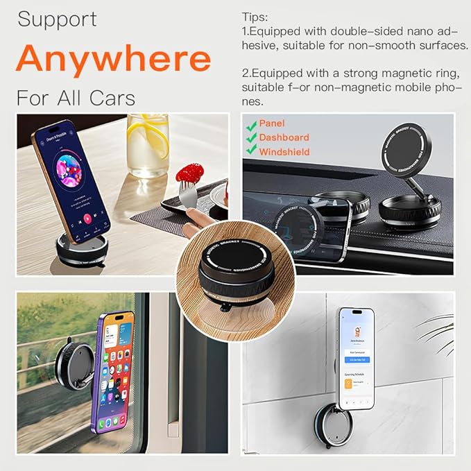 Vacuum Suction Magnetic Car Phone Holder, 66LBS Strongest Suction Cup Phone Holder, 360° Adjustable Magnetic Car Phone Mount, Quick Release Cell Phone Holder for All Phones/Smooth Surface