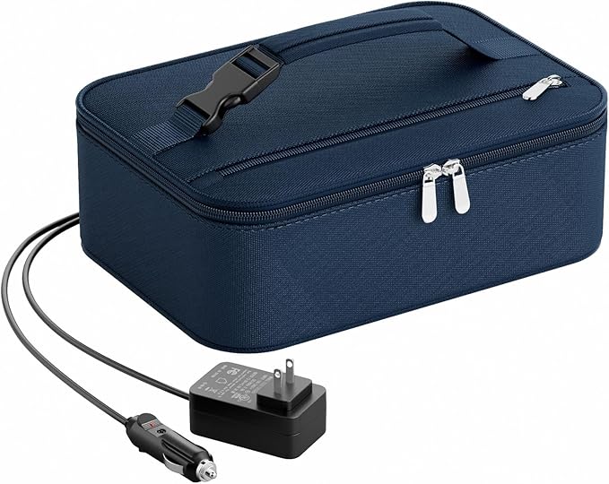 Portable Food Warmer - Heated Lunch Box for Adluts - Electric Thermal Lunch Bag with Buckle Handle, Heating Food Warmer Bags for 12V/24V Car & Truck, 110V/220V Home/Office, Navy Blue
