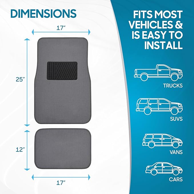 BDK Premium Medium Gray Carpet Floor Mats for Cars - Universal Fit Interior 4-Piece Car Mats Full Set with Vinyl Heel Pad Protector - Cute Car Accessories Interior Floor Covers for SUVs & Trucks