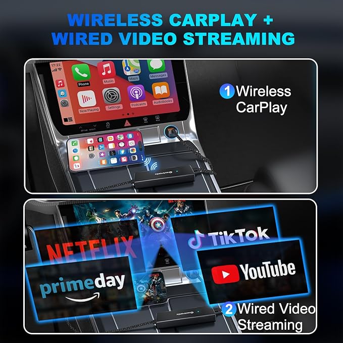 4-in-1 Wireless CarPlay Adapter for iPhone 15/16/17 & Newer, Wired Video Streaming, Screen Mirroring, Two-Way Control & Charging, Plug & Play for Factory Wired CarPlay (Black)
