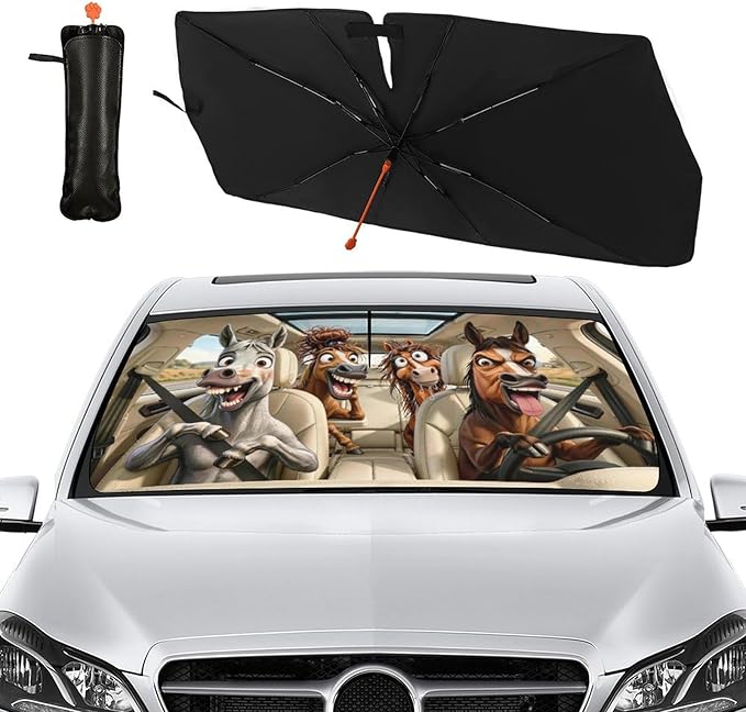 Socira Funny Horse Car Windshield Sun Shade Umbrella Foldable Sunshade for Front Window Auto Windshield Sunshade Covers Horse Car Accessories Protect from Sun Rays Heat Gifts 57'' X 30''