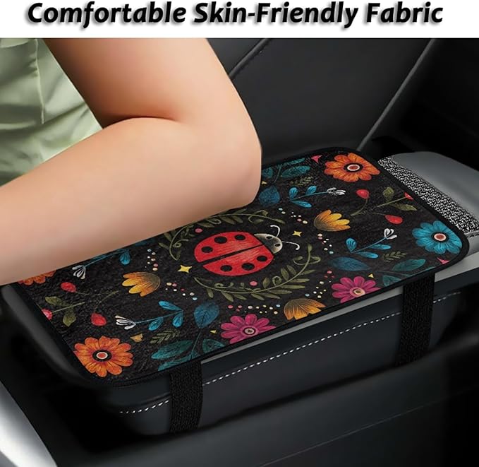 CLOHOMIN Cute Ladybug Center Console Armrest Cover for Car Sedan Van Flannel Car Armrest Cushion Winter Automobile Arm Rest Cushion Pad Flowers Auto Decoration Accessories