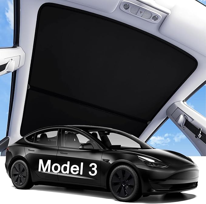 2026 Upgraded Tesla Model 3 Sunshade Roof, UPF200+ Roof Sunshade with Storage Bag, No-Sag & No-Gaps Heat Insulation Foldable Glass Roof Sun Shade, Tesla Model 3 Accessories MY20-23 Black
