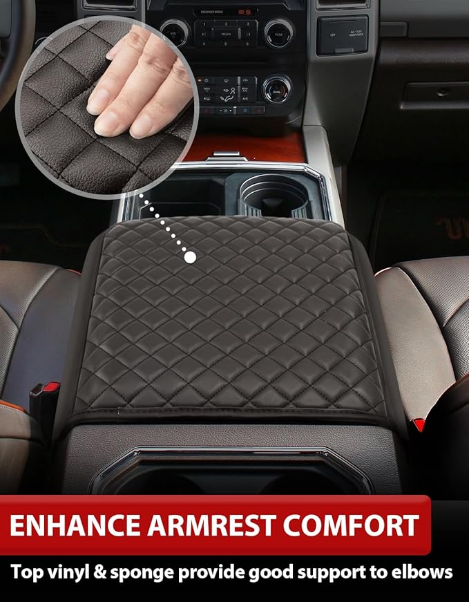 KBH Center Console Armrest Cover for 2015-2020 Ford F150, 2017-2022 F250 F350 F450 F550, 2018-2024 Expedition, Bucket Seat, PU Leather Cushion Thick Pad, Anti-Scratch, Brown (Not for Other Models)