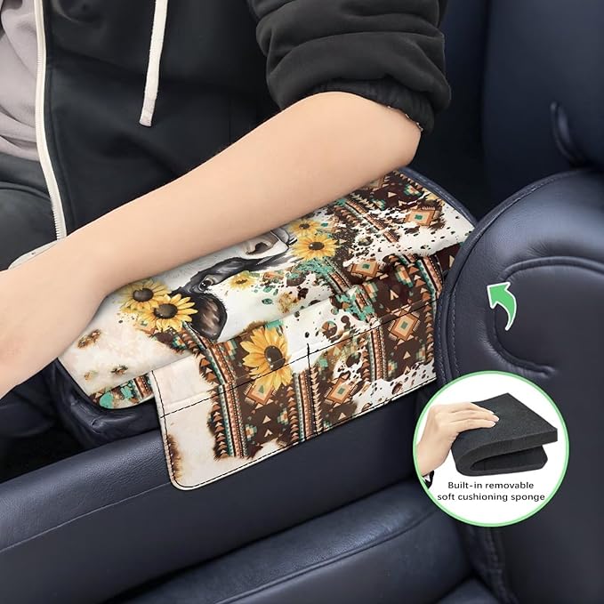 Tupalatus Aztec Car Armrest Cover Soft Cow Waterproof Armrest Seat Box Cover with 2 Storage Bags Car Center Console Cushion Pad Easy Installation Fit for SUV Truck Sedan Van