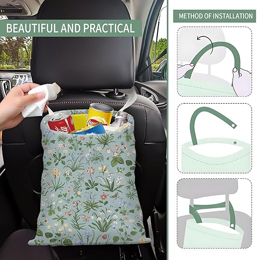 Cute Car Trash Can, Hanging Canvas Car Back Seat Organizer and Storage Bag, Funny Car Trash Bag For Travelling, Outdoor Cute Blue Green Floral