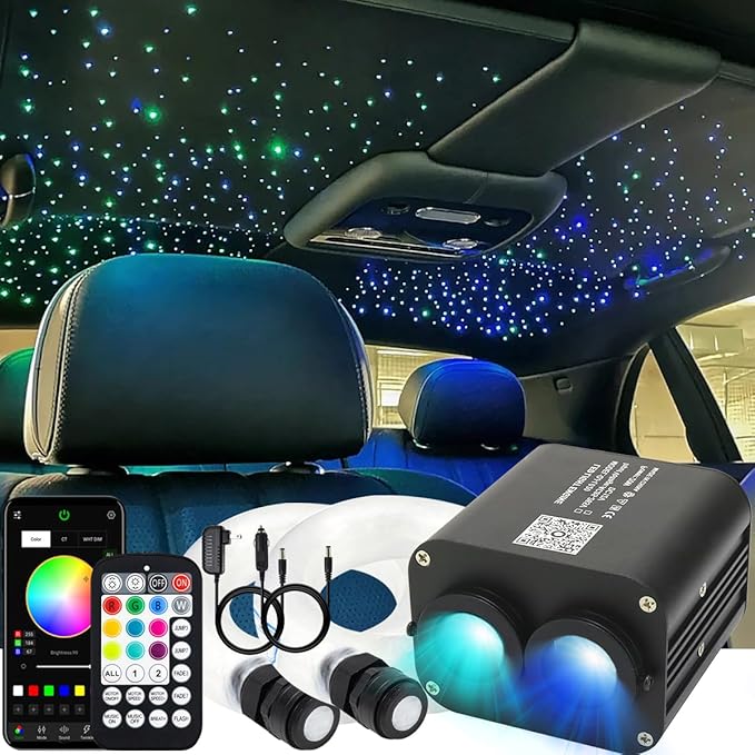 AZIMOM Dual Color 20W Twinkle 1200pcs Fiber Optic Starlight Headliner Kits 0.03in 13.1ft Fiber Strands End Glow Sound Activated Remote APP Control RGBW Light Source Home Ceiling Car Headliner Décor