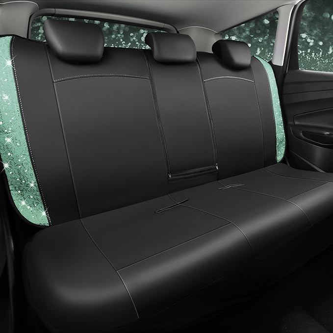 CAR PASS Universal Mint Leather Lace Car Seat Covers Full Set for Women Girls, Waterproof Car Floor Mats Carpet, Glitter Steering Wheel Cover for Car Accessories Interior Sets,10PCS Included