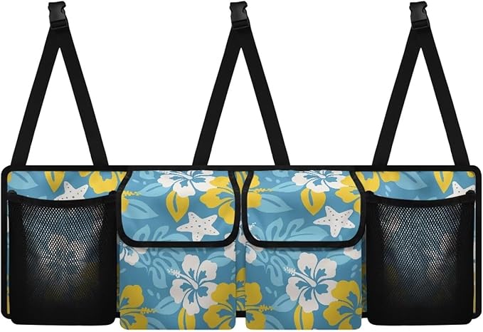 Hawaii Hibiscus Flowers Car Trunk Organizer Starfish Palm Leaf Multipurpose Cargo Bag for SUV,Truck,Van Back Seat Car Organizer