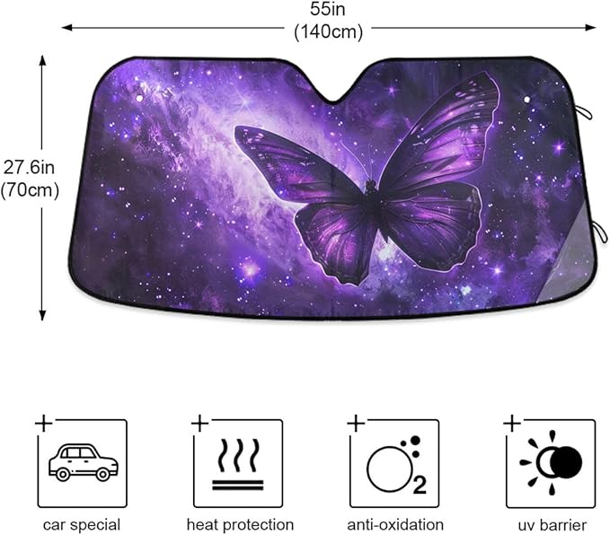 Car Windshield Sun Shade Butterfly Purple Galaxy Foldable UV Ray Sun Visor Protector Sunshade to Keep Your Vehicle Cool 55" x 27.6"