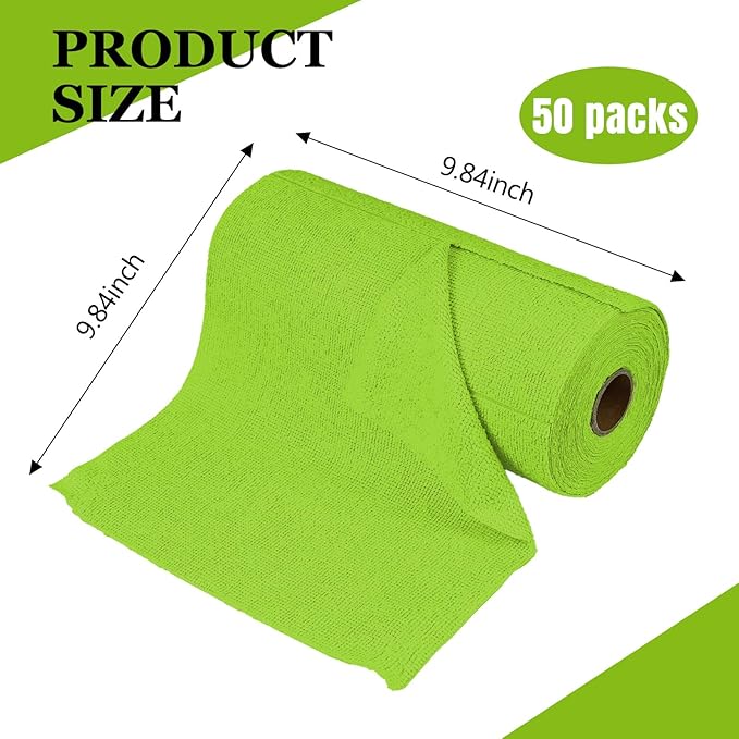 wuyaoyao 50PCS Microfiber Cleaning Cloth Roll, 10"×10" Tear Away Microfiber Towels, Reusable Washable Cloth Paper Towels, Multi-Purpose Cleaning Rags for Car Home Kitchen Garage Shop (Green)