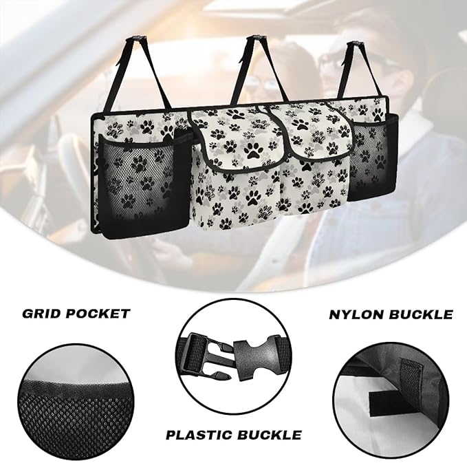Black Dog Paw Print Trunk Hanging Storage Bag Large Capacity Car Back Seat Organizer with 4 Storage Bags,Space Saving Expert