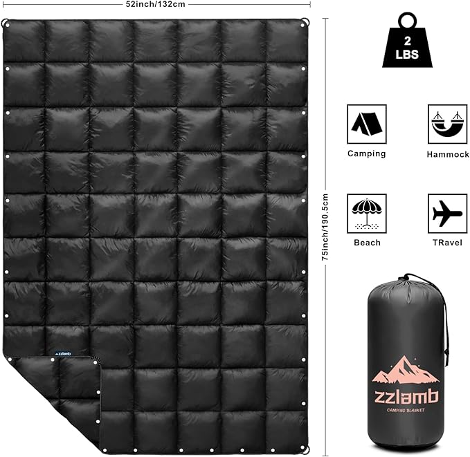 zzlamb Camping Blanket for Cold Weather,Outdoor Puffy Blanket Portable Down Alternative,Windproof Warm Cloak with Snaps,Cozy Quilt Backpacking Picnic RV Travel Plane Car Hammock Beach Climbing