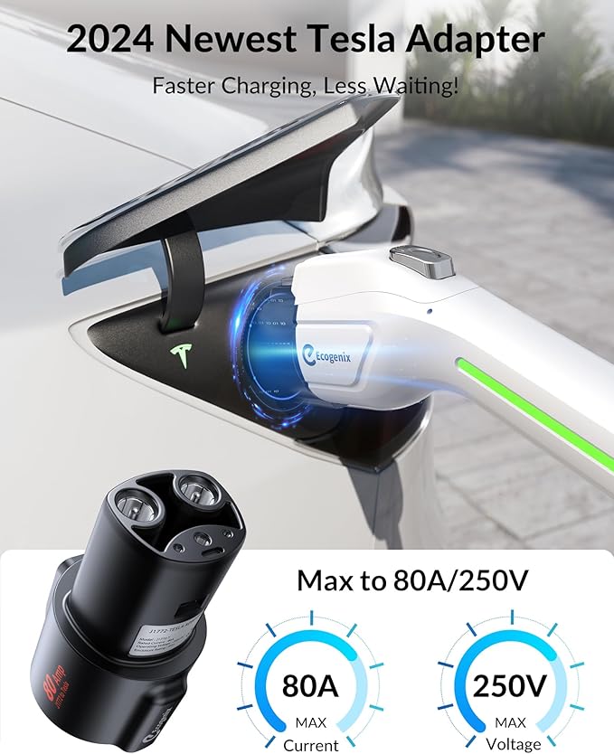 Ecogenix J1772 to Tesla Charger Adapter, Max 80A/250V for Tesla Model Y 3 X S Cybertruck, Tesla Accessories, Connecting to SAE J1772 Charging Stations Fast & Safe Charging for Tesla only