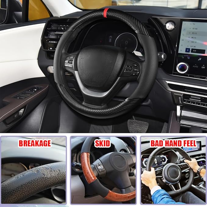 Carbon Fiber Car Steering Wheel Cover, Universal 15 inch Breathable Anti Slip Steering Wheel Covers, Car Interior Accessories for Men and Women, Fit for Most Vehicles (Black)