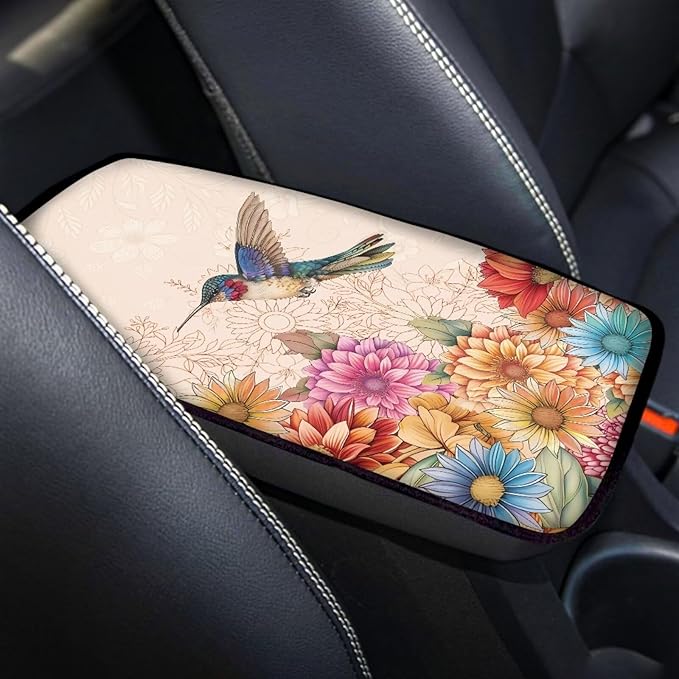 Center Console Armrest Cover Pad for Most Vehicle, Boho Flower Hummingbird Armrest Cushion Protector for SUV, Truck, Car,Universal Fit Car Accessories Interior