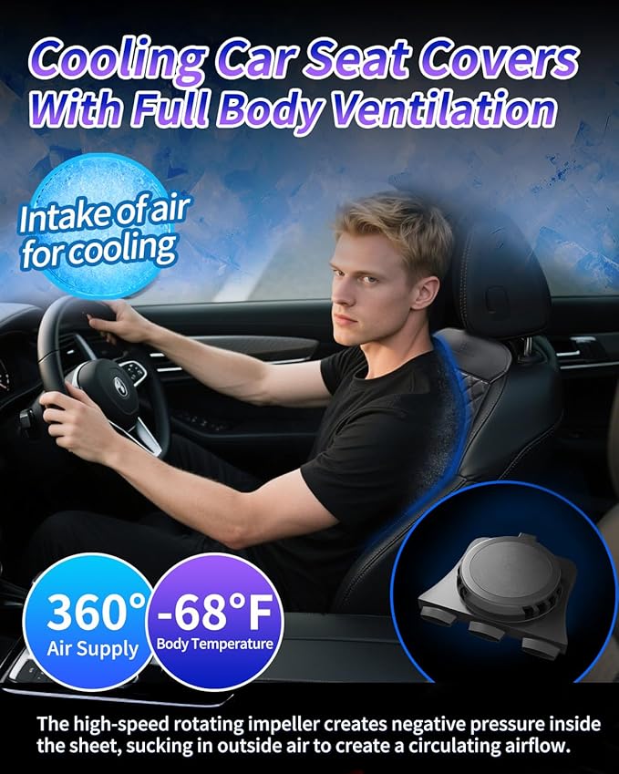 DR.HILL Air Suction Cooling Car Seat Covers, 12V 24V Ventilated Seat Cushion, 5 Adjustable Cooling Air Speeds Cooling Set Pad Universal Most Vehicle SUV Truck-Black