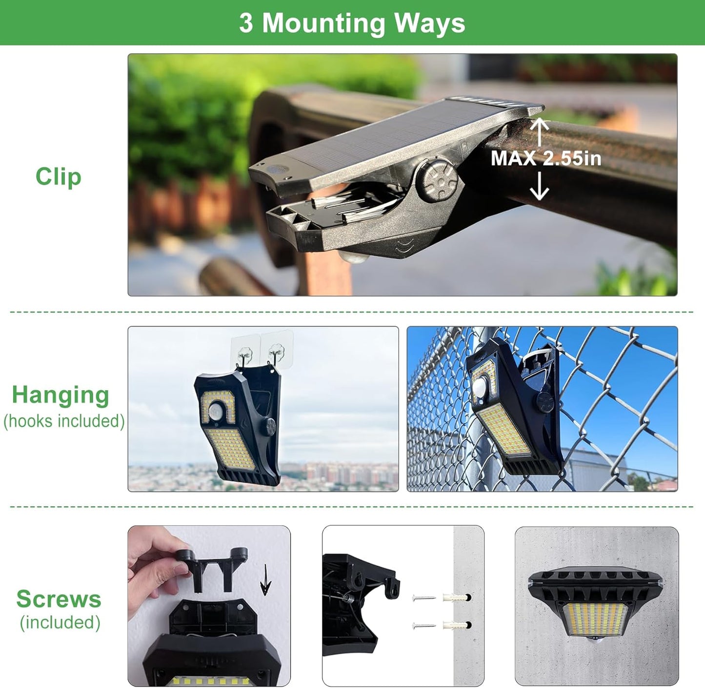 Tryme 118Leds Solar Lights Outdoor Clip Motion Sensor Lights Security Light 3 Modes, 3 Color Temperature, Solar Powered, USB Charging (2 Pack)