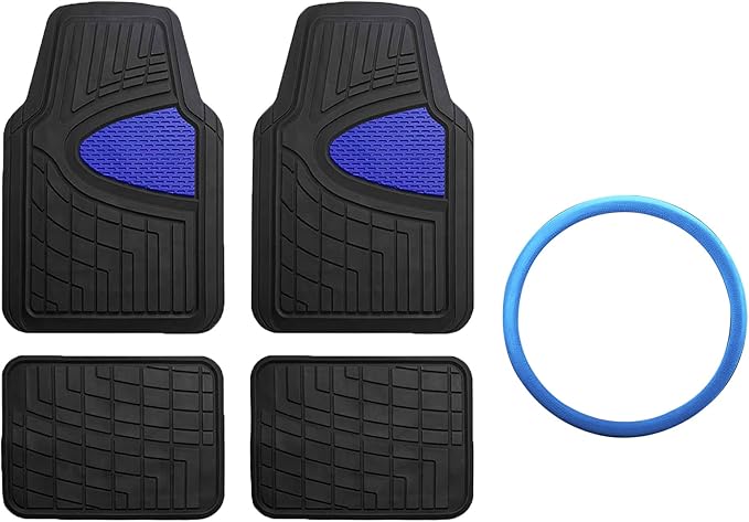 FH GROUP Car Seat Covers Premium Tall Channel Rubber Trimmable Floor Mats w. FH3001 Snake Pattern Silicone Steering Wheel Cover- Universal Fit for Trucks, SUVs, and Vans (Blue/Black) F11311