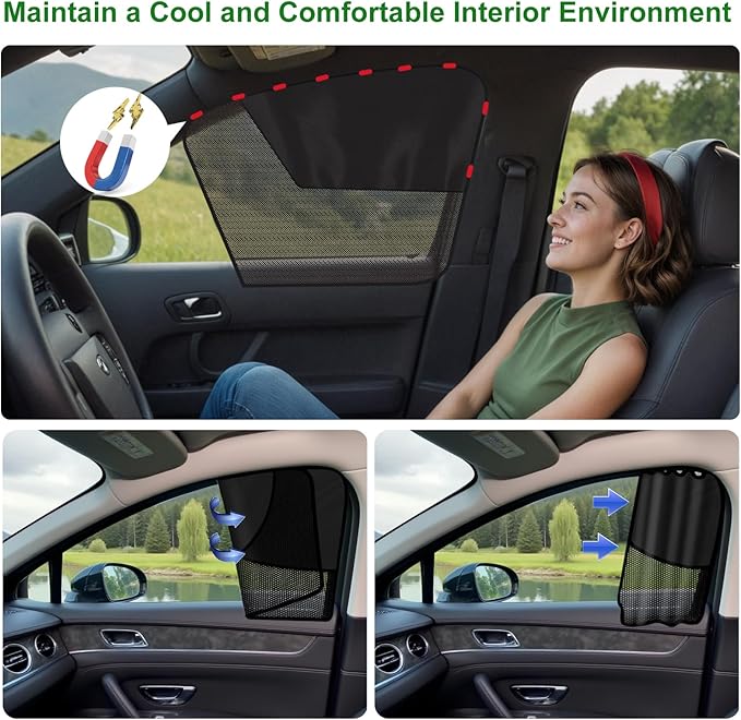 Car Window Shades, 2Pack Magnetic Front Car Window Cover, Half Blackout & Half See-Through Driver Side Window Sun Shade for Eating/Breastfeeding/Taking a Nap/Clothes Changing/Camping