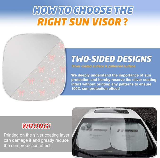 Pink Bow Car Windshield Sun Shade, Foldable UV Protection Window Sunshade with Silver Edging & Storage Pouch, Auto Interior Accessories for Sedan, SUV & Hatchback