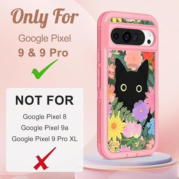 for Google Pixel 9 Case/Pixel 9 Pro Case - Compatible with MagSafe Women Girls Cute Magnetic Protective Cover Girly Cat Flower Floral Design Heavy Duty Shockproof for Pixel 9/9 Pro Phone Case