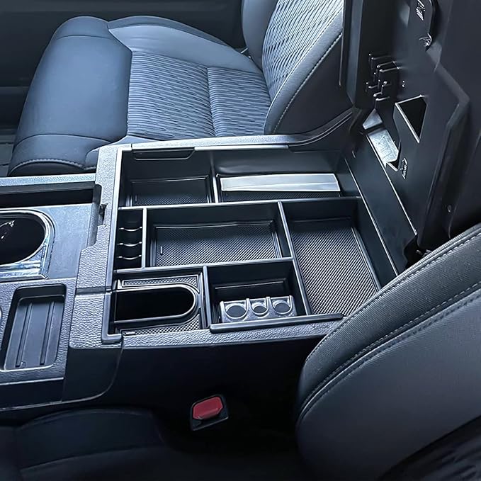 TACOBRO Center Console Organizer Compatible with 2014-2017 2018 2019 2020 2021 Tundra Accessories, Crewmax Interior Armrest Underseat Storage Box- Full-coverage Insert Tray, Black Trim