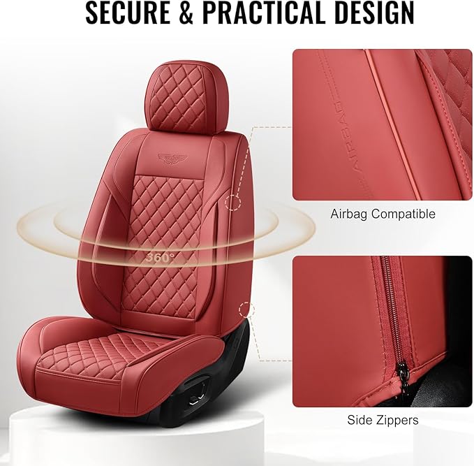 Auto Car Seat Covers Full Set Leather Cushion Protector Breathable Waterproof Seat Cover for Cars Universal Fit (Wine, Full Set Without Headrest)