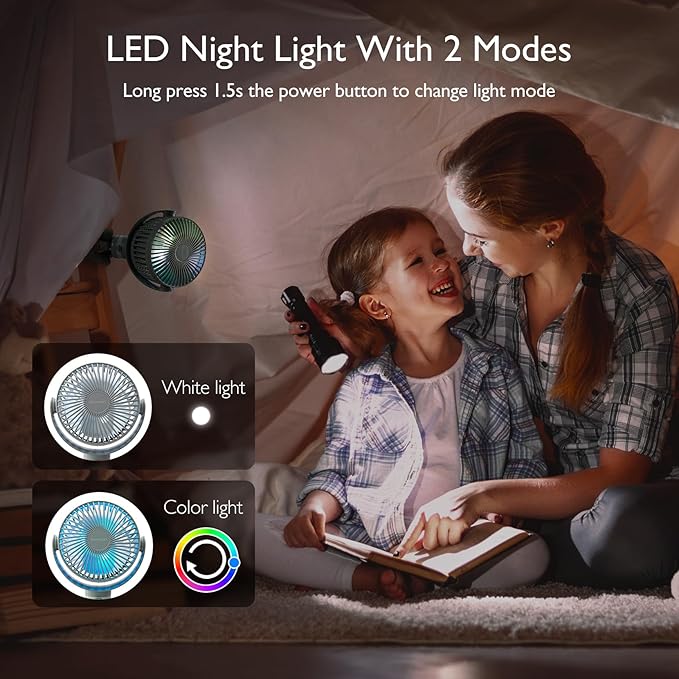 Momcozy 8000mAh Portable Stroller Fan, 27H Ultra-long Battery Life Detachable 4 Speed 360°Rotate LED Night Light with 2 Modes, USB Rechargeable Handheld Cooling Fan for Travel/Car Seat/Bedroom