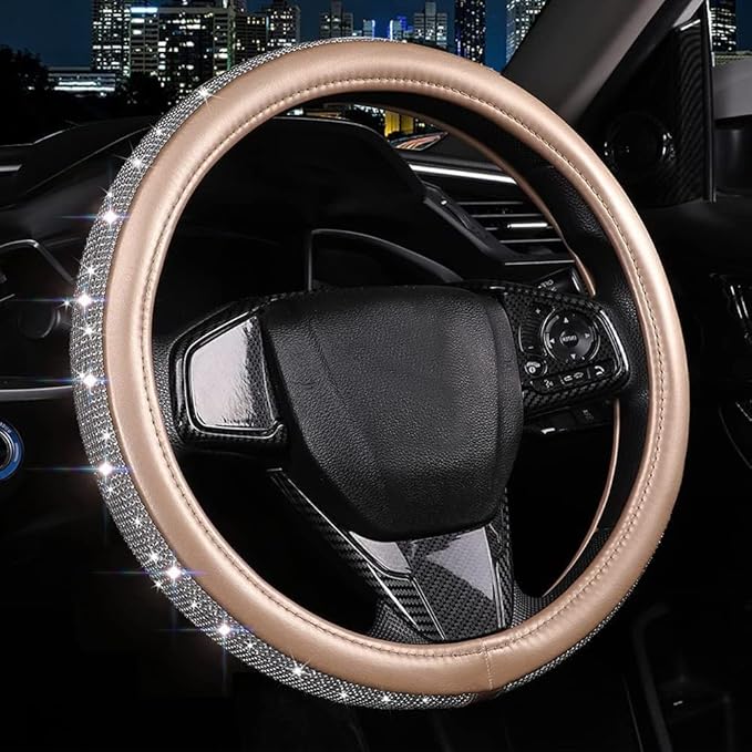 Bling Diamond Leather Steering Wheel Cover, Golden Steering Wheel Covers for Women Girls with Crystal Rhinestones, Universal Fit 14.5-15 Inch Car Steering Wheel Bling Cover Accessories