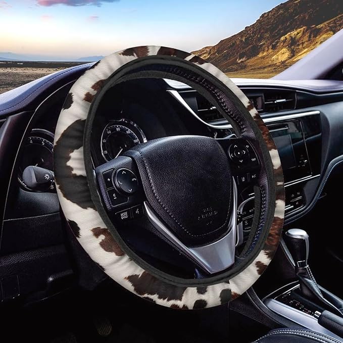 AFPANQZ Steering Wheel Cover for Women, Brown Cow Print Sweat Absorbing Non-Slip Steering Wheel Protection Case Machine Washable Elastic Flexible Universal 14 to 15 inch