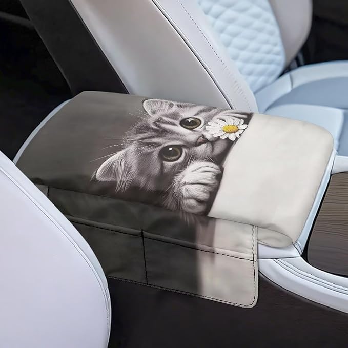 Dreaweet Car Center Console Cover with Pockets Cute Cat Car Accessories for Women Easy to Install Arm Rest Cover for Car Soft Comfy Thick Car Armrest Cushion Storage Box Mat