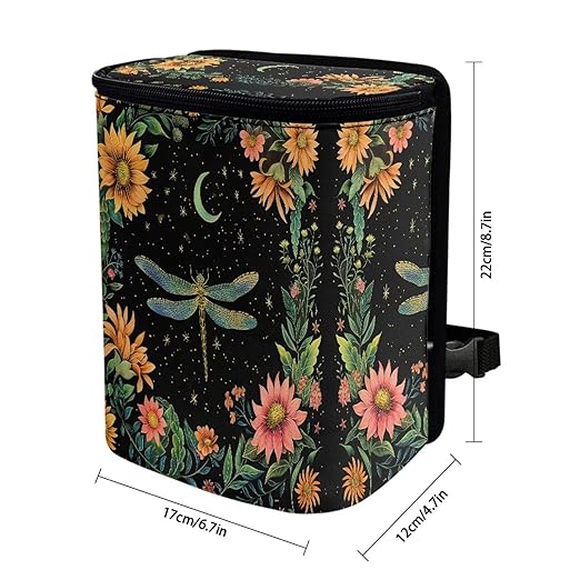BIGCARJOB Dragonfly Car Trash Can Bin, Leak Proof Moon Floral Dragonfly Car Trash Bag, Hanging, Vehicle Trash Can for SUV Truck Van