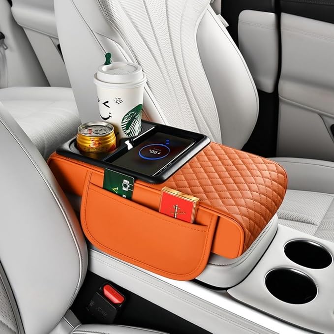 Car Armrest Pad with Built-in Induction Charging, Leather Center Console Cushion with 15W Power Pad, Dual Cup Holders, Storage Pockets - Orange