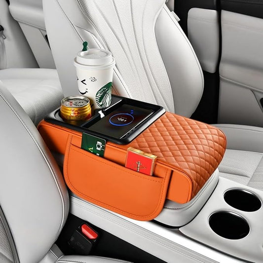 Car Armrest Pad with Built-in Induction Charging, Leather Center Console Cushion with 15W Power Pad, Dual Cup Holders, Storage Pockets - Orange