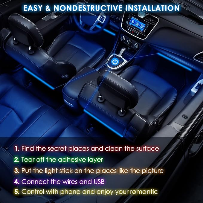 Interior LED Strip Light - 48 LED DIY 16 Million Colors, Microphone App Control, Smart Phone Music Sync RGB Under Dash Waterproof Lighting Kit with Car Charger, USB DC 12V