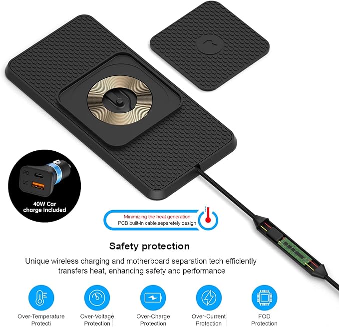 Wireless Car Charging Pad, Reestecqi 15W Fast Wireless Car Charger Pad Non Slip Charging Mat with 30cm Cable and 70cm Extension Compatible with iPhone 16 Pro/15/14/13 AirPods Samsung Google