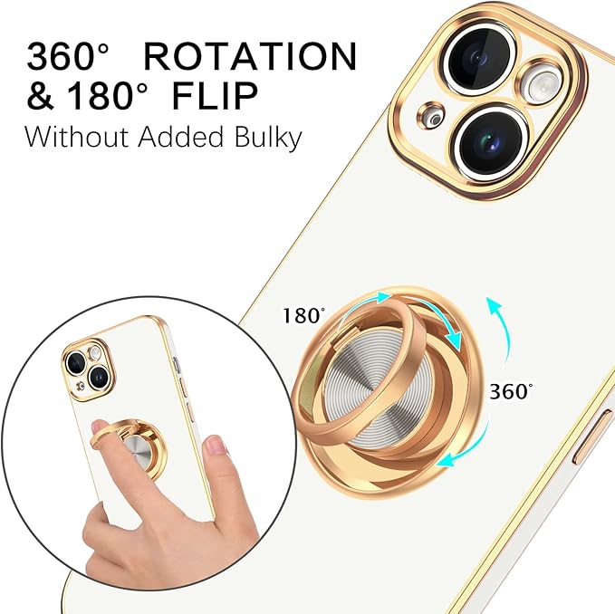 VENINGO iPhone 14 Case,Phone Cases for iPhone 14,Slim Fit Soft 360° Ring Holder Kickstand Magnetic Car Mount Supported Easy Clean Shockproof Protective Cover for Apple iPhone 14 6.1" 2022,White/Golden