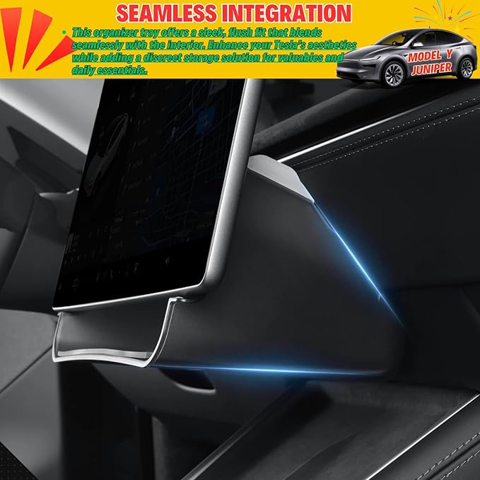 Under Screen Storage Compatible with 2025 2026 New Tesla Model Y Juniper & Model 3 Highland Center Console Organizer Tray Hidden Compartment Hanging Box Interior Accessories - ABS, Black