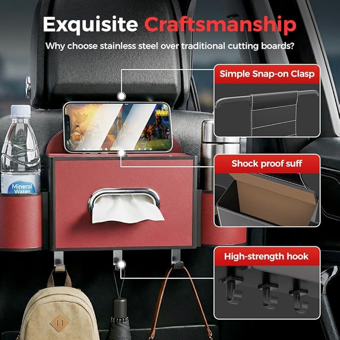 3-in-1 Car Backseat Organizer with Cup Holder, Tissue Box, Trash Bin & Hooks,Multifunctional Back Seat Car Organizer for Hold Phones,Snacks,Drinks,and Handbags (A-Orange)